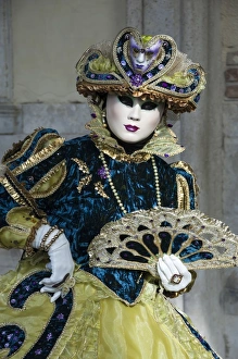 Carnival Prints: Lady in blue and gold, with fan, Venice Carnival, Venice, Veneto, Italy, Europe