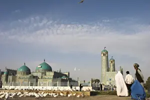 Afgani Prints: Lady in burqa feeding famous white pigeons at Shrine of Hazrat Ali, Mazar-I-Sharif