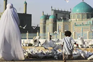 Afgani Prints: Lady in burqa feeding famous white pigeons whilst child chases them, Shrine of Hazrat Ali