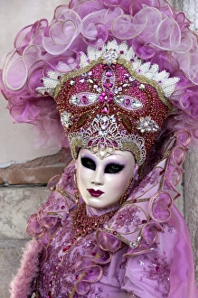 Carnival Prints: Lady in a pink dress and bejewelled hat, Venice Carnival, Venice, Veneto, Italy, Europe