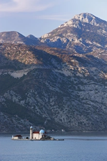 Perast Prints: Our Lady of the Rocks island with mountains behind, on fjord near Perast