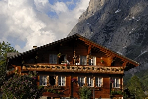 Bern Prints: Lady watering flowers on chalet