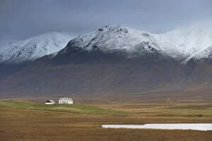 Laekjamdt farm, snow-covered Vididalsfjall mountain behind, near Blonduos