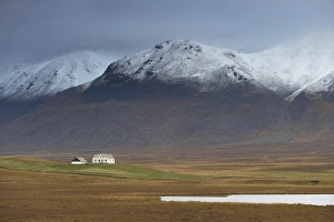 Images Dated 11th October 2008: Laekjamdt farm, snow-covered Vididalsfjall mountain behind, near Blonduos