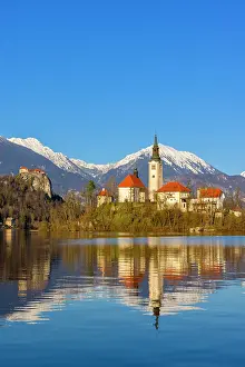 Postcard Prints: Lake Bled, Bled Castle and Bled Island with Snow Capped Julian Alps