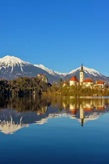 Cycling Prints: Lake Bled, Bled Castle and Bled Island with Snow Capped Julian Alps