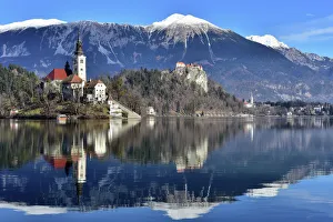 Snowcapped Prints: Lake Bled with Santa Maria Church (Church of Assumption), Gorenjska, Julian Alps
