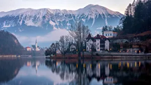 Julian Alps Prints: Lake Bled at sunrise, Bled, Slovenia, Europe