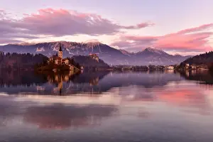 Julian Alps Prints: Lake Bled at sunset with Santa Maria Church (Church of Assumption), Gorenjska, Julian Alps