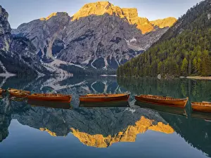 Lake Braies, Croda del Becco reflected in Lake Braies at sunrise, South Tyrol, Alto Adige