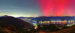 Glow Prints: Lake Como and mountains under the Aurora Borealis, Como province, Lombardy, Italy