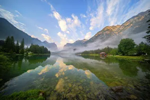 Lake Dobbiaco at sunrise in summer, Sud Tirol, Italy, Europe