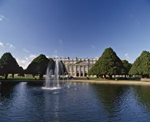 Hampton Court Prints: Lake, fountain and ornamental trees in Hampton Court Palace grounds, near London