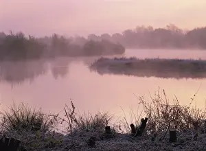 Moody Prints: Lake on a frosty autumn morning with mist rising from Colebrook Lake South in Moor Green Lakes Nature Reserve