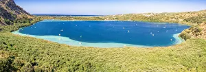 Chania Prints: Lake Kournas surrounded by green plants, Georgioupolis, Chania, Crete, Greek Islands