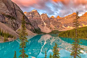 Lake Moraine at sunrise, long exposure, Banff National Park, UNESCO World Heritage Site