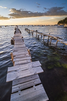 Copacabana Prints: Lake Titicaca pier at sunset, Copacabana, Bolivia, South America