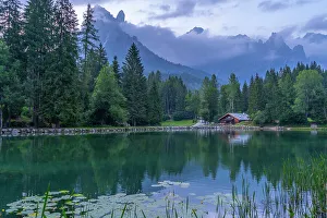 Trentino Prints: Lake Welsperg at sunset, Canali Valley, Dolomites, Trentino, Italy, Europe