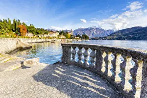 Lake Como Prints: Lakeshore terrace with view of the village of Tremezzo, Lake Como, Lombardy