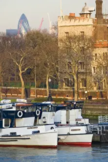 Lambeth Embankment and Gherkin (Swiss Re) building in distance, London
