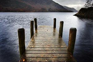 Landing stage in autumn at Mossdale Bay, Ullswater, Lake District National Park, Cumbria, England, United Kingdom, Europe