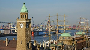 Crane Prints: Landing Stages, Elbe River, Hamburg, Germany, Europe
