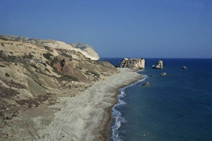 Landscape of coastline with Aphrodites rock and birthplace, Petra tou Romiou in south