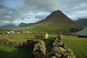 Faroe Prints: Landscape containing dry stone walls and a small settlement, Faroe Islands