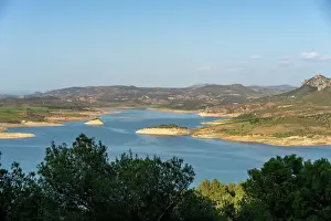 Fuel And Power Generation Prints: Landscape of Gobrantes and Guadalhorce water reservoir dam, Andalusia, Spain, Europe