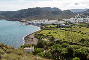 Coastal Village Prints: Landscape view of coastline and village of Las Negras