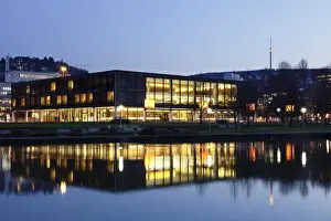 Parliament Building Prints: Landtag parliament house of Baden Wurttemberg and Fernsehturm television tower at night