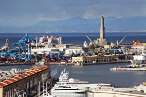 The Lanterna, the oldest working lighthouse in the world, from Castelletto Viewpoint, Genoa, Liguria, Italy, Europe
