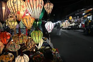 Stalls Prints: Lanterns in the food market at night, Vietnam