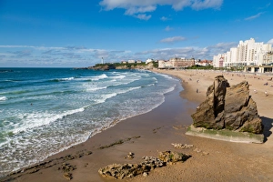 Aquitaine Prints: Large rock on the beach and seafront in Biarritz, Pyrenees Atlantiques, Aquitaine