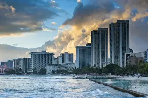 Pacific Islands Prints: Late afternoon light over the high rise hotels of Waikiki Beach