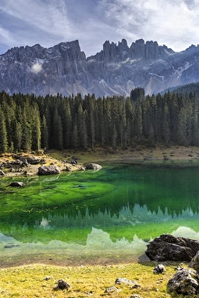 Latemar Prints: Latemar group reflected in the green waters of Lake Carezza, Ega Valley, South Tyrol