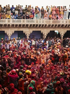 Paint Prints: Lathmar Holi celebrations in Nand Rae Temple, Nandagaon, Braj, Uttar Pradesh, India, Asia