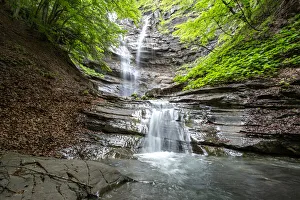 Lavachiello Waterfall flows in the woods in summertime, Emilia Romagna, Italy, Europe Lavachiello Waterfall flows in the woods in summertime, Emilia Romagna, Italy, Europe