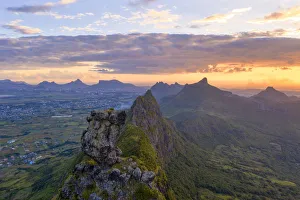 Port Louis Prints: Le Pouce mountain during the African sunset, aerial view, Moka Range, Port Louis