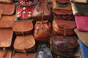 Bags Prints: Leather goods on sale in souks, Medina, Marrakech, Morocco, North Africa, Africa