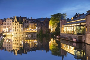 Flanders Prints: Leie Canal at dusk, Ghent, Flanders, Belgium, Europe