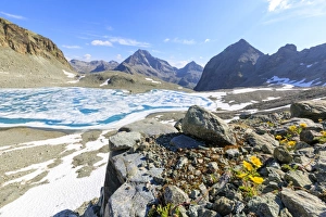 Typically Swiss Prints: Lej Lagrev during the thaw with Piz Polatschin on the background St. Moritz, Engadine