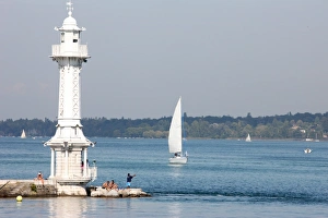 Lake Geneva Prints: Leman Lake lighthouse, Lake Geneva, Geneva, Switzerland, Europe
