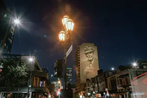 Leonard Cohen Mural at night, Downtown Montreal, Quebec, Canada