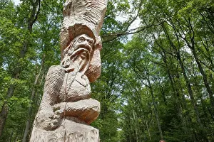 Atlantes Prints: Les Atlantes sculpture on trunk (Douglas tree) by Antoine Halbwachs & Christophe Vehruny in the Forest of Troncais