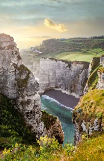 Etretat Prints: Les Falaises (cliffs) of Etretat at sunrise, Etretat, Normandy, France, Europe