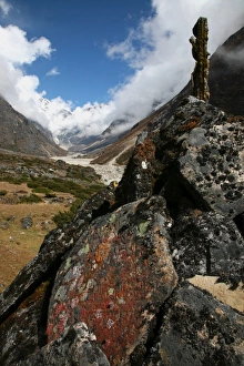 Images Dated 2nd January 2000: Lichen grows on an old Buddhist mani wall (prayer wall) constructed on the trail from Lukla to