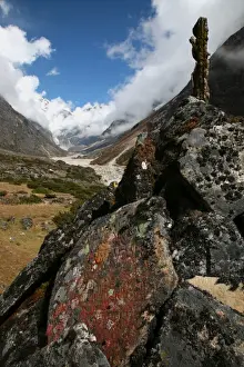 Lichen Prints: Lichen grows on an old Buddhist mani wall (prayer wall) constructed on the trail from Lukla to Tangnag