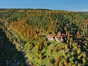 Schwarzwald Prints: Liebenzell Castle sits on a hill surrounded by trees in the Black Forest region of Germany during autumn
