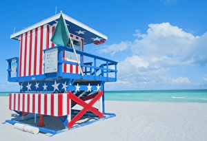 Patriotic Prints: Lifeguard hut on beach, South Beach, Miami, Florida, United States of America